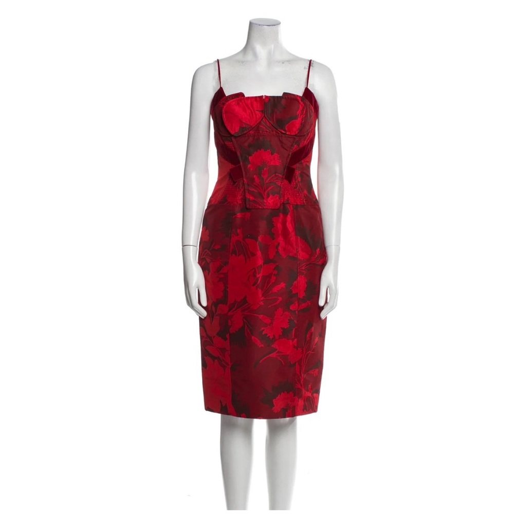 Carolina Herrera Red and Black Sheath Midi Dress